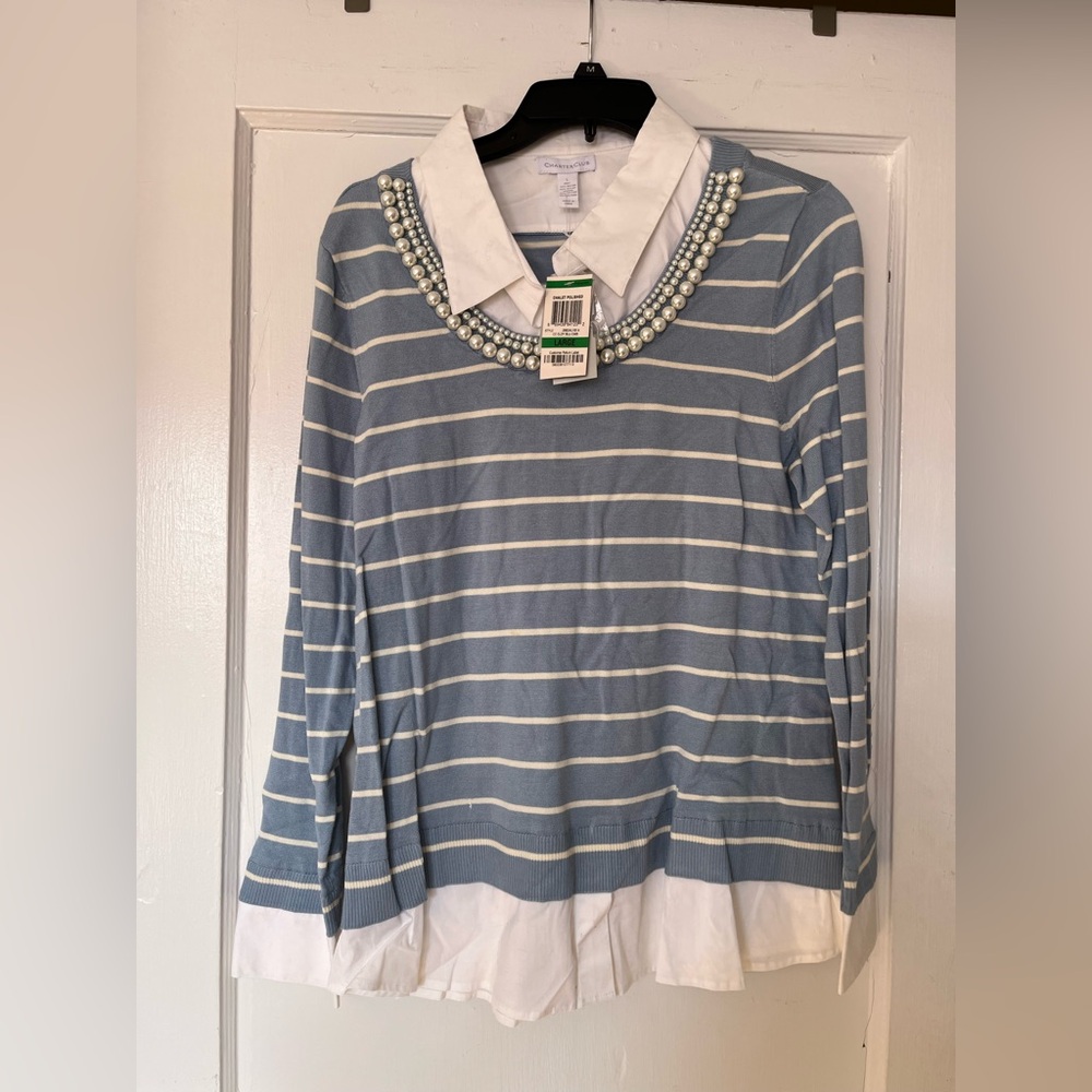 Charter Club Blue and White Sweater with Pearl Accents